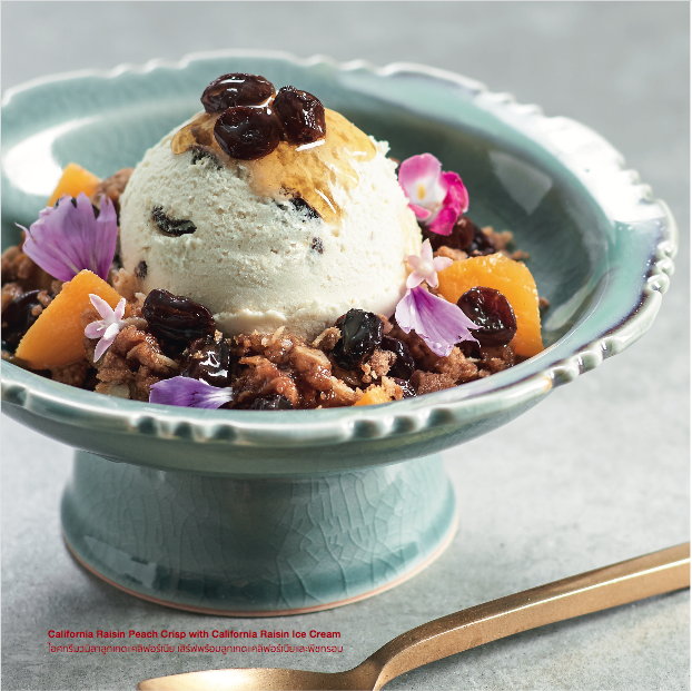 california raisin peach crisp with california raisin ice cream