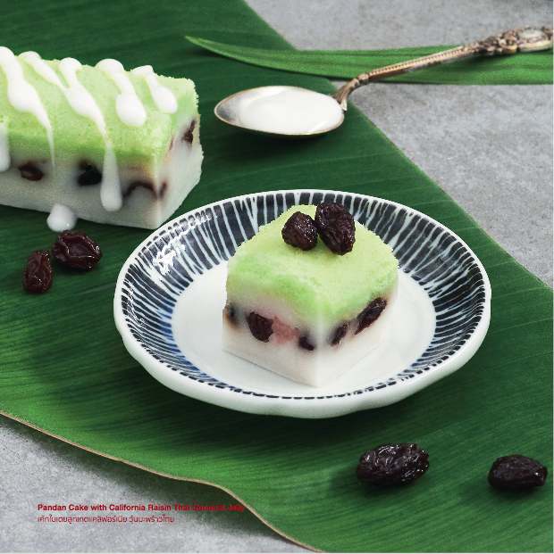 pandan cake with california raisin thai coconut jelly