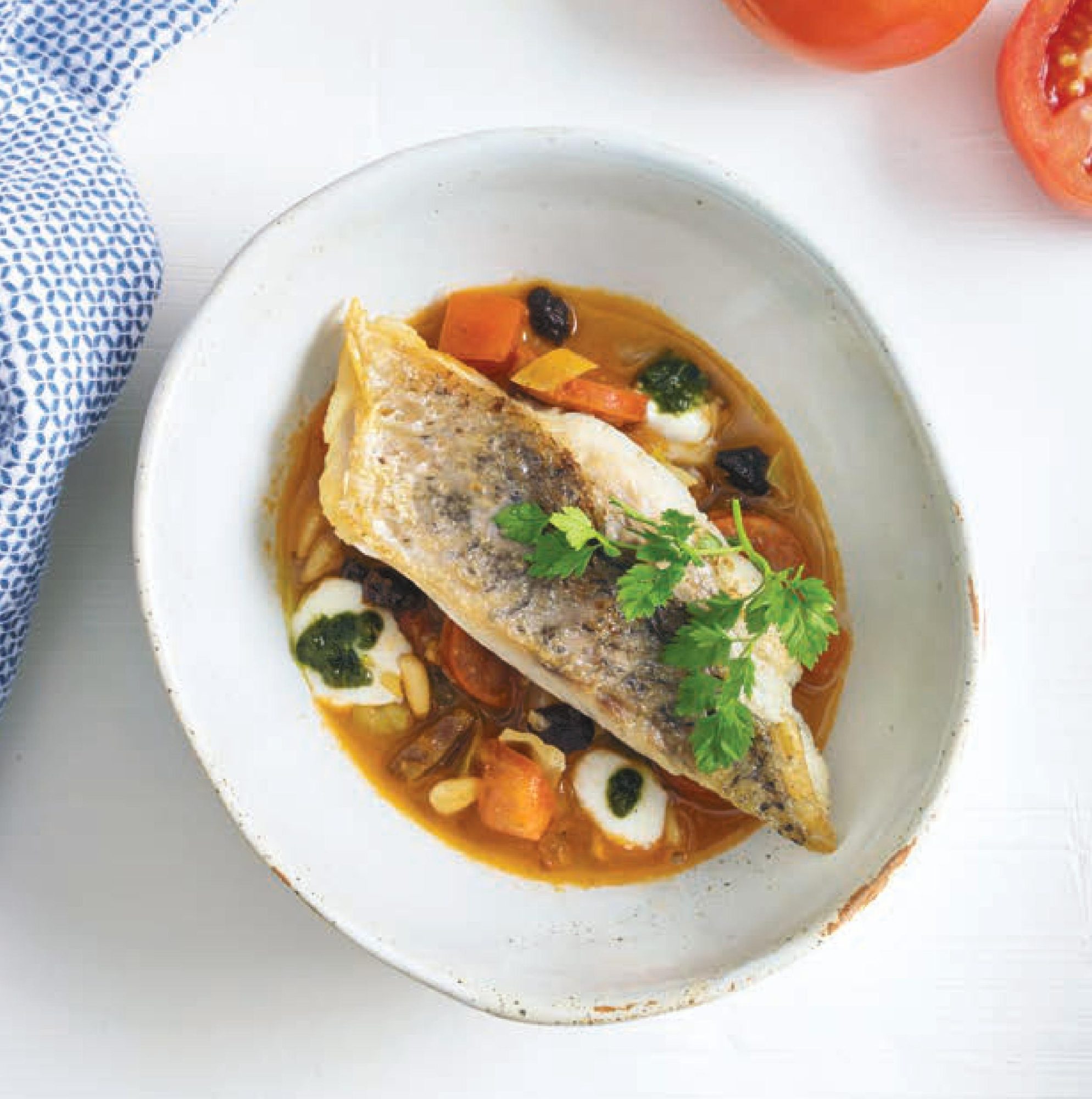 Pan-fried Barramundi Fillet on Braised Sugarloaf Cabbage with California Raisins & Chorizo