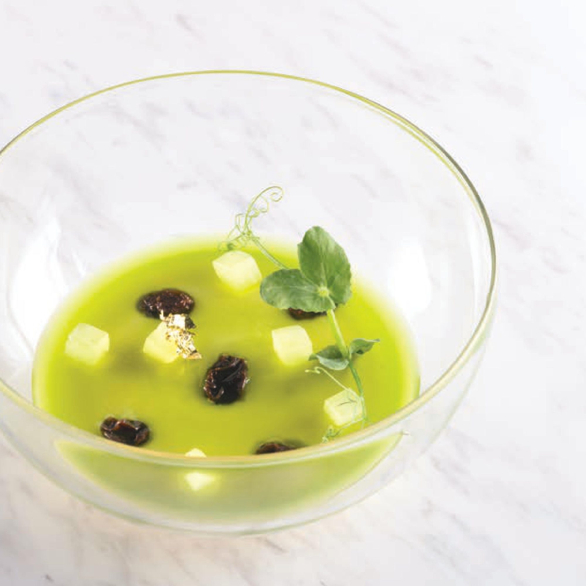 Yuzu Creméux, Apple Mint Jelly, Candied Cucumber & Poached California Raisins